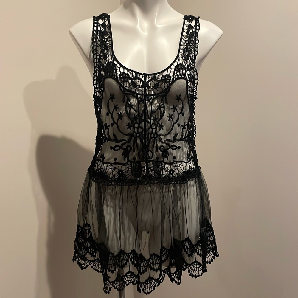 Poof! Black Lace Crochet Top Western/Boho/ Festival